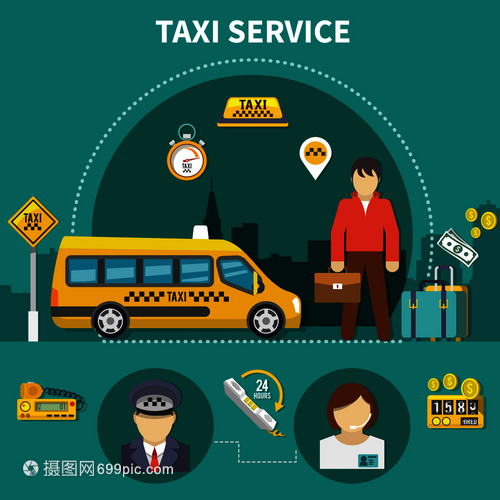 出租车计价器图标 金钱人物矢量插画与汽车悬挂服务广告设计